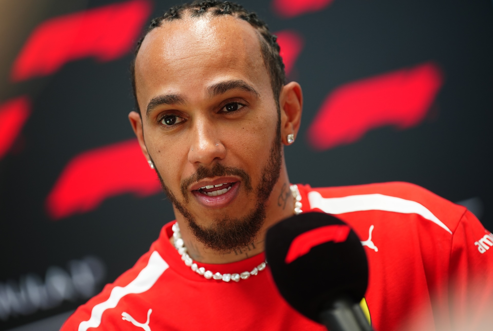 Ferrari driver Lewis Hamilton speaks to the media at the Miami International Autodrome, ahead of the 2026 Miami Grand Prix which will take place on Sunday. Picture date: Thursday April 30, 2026. (Photo by Bradley Collyer/PA Images via Getty Images)