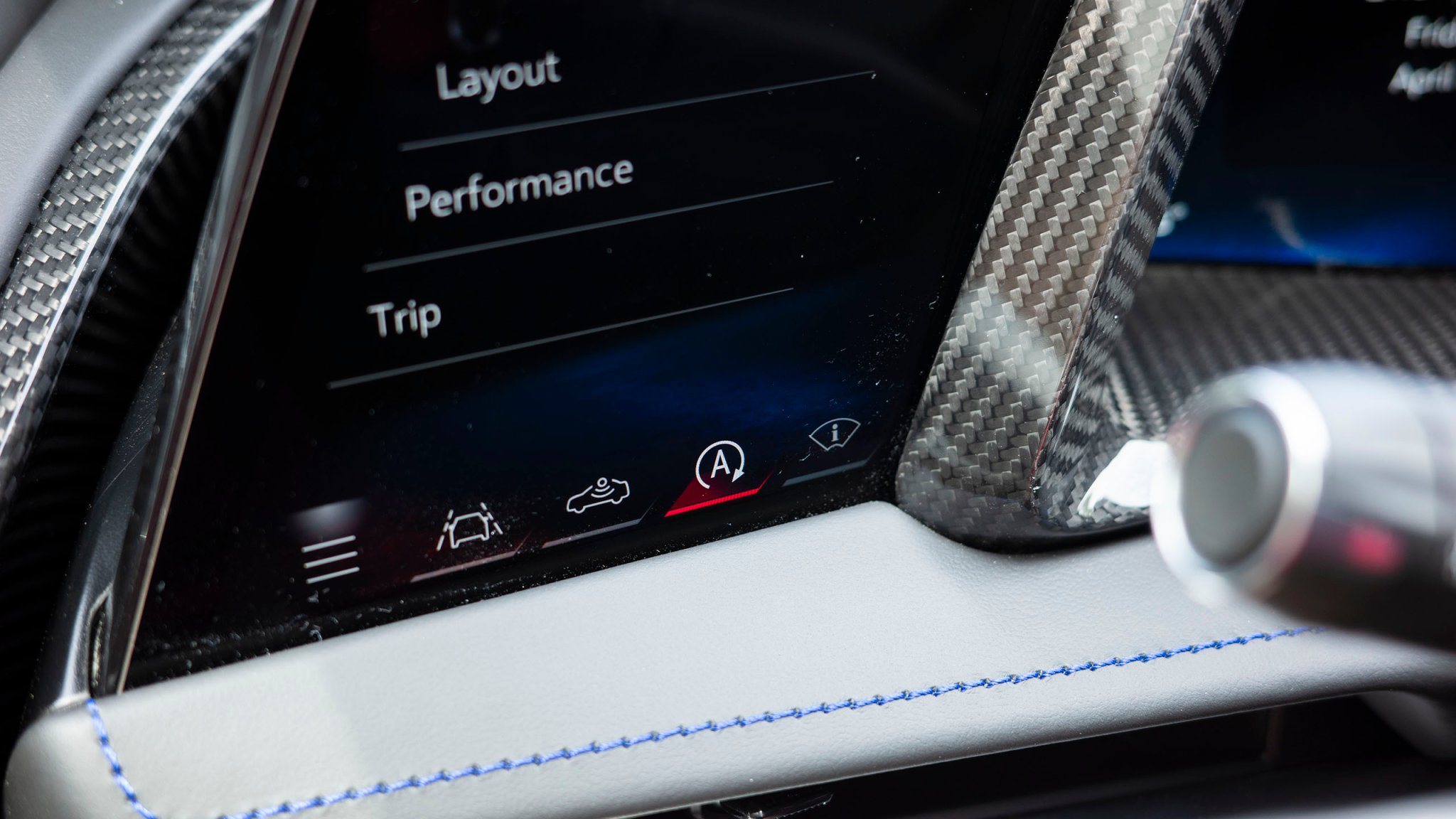 Close-up of side control panel on the Corvette E-Ray with auto start/stop switched on