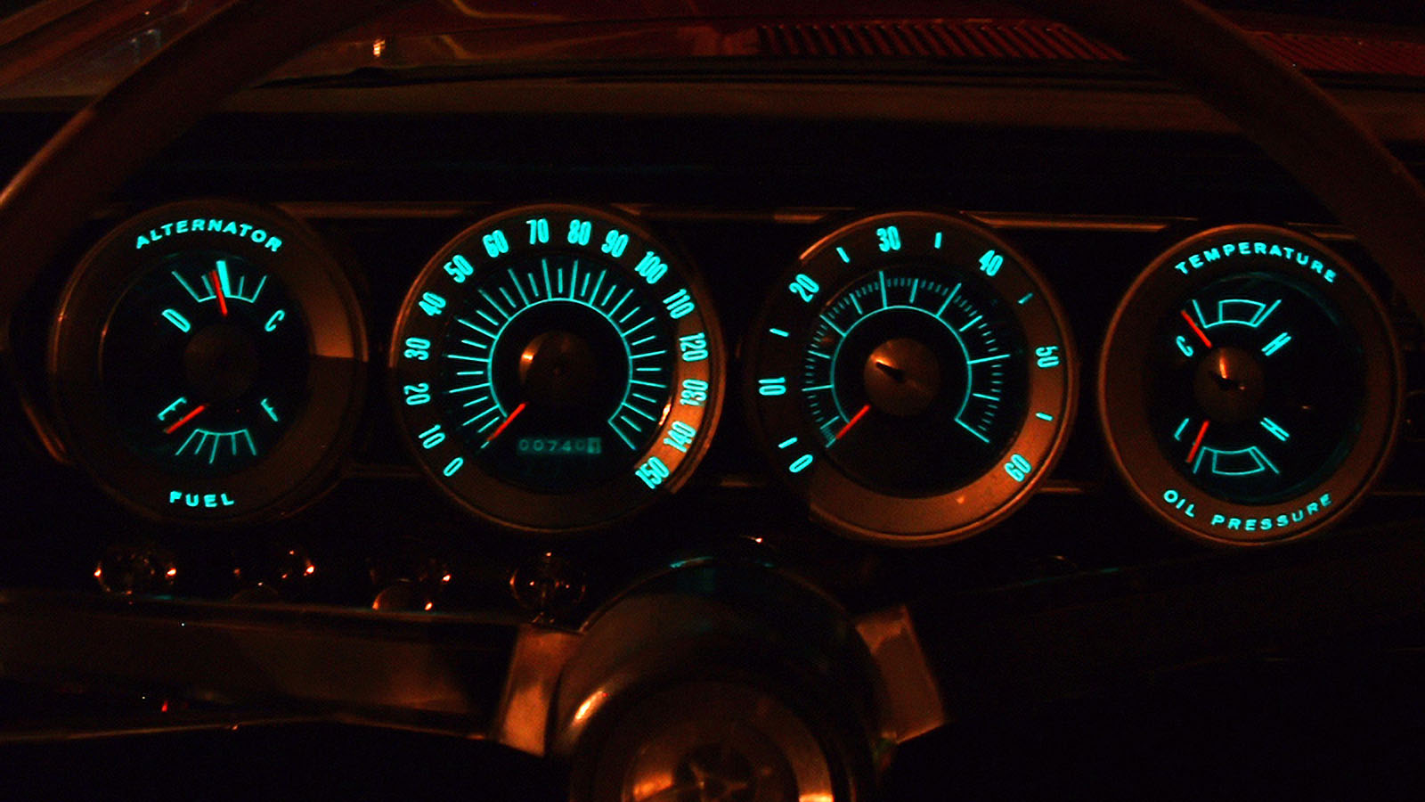 Panelescent gauges in a 1966 Dodge Charger lit up.