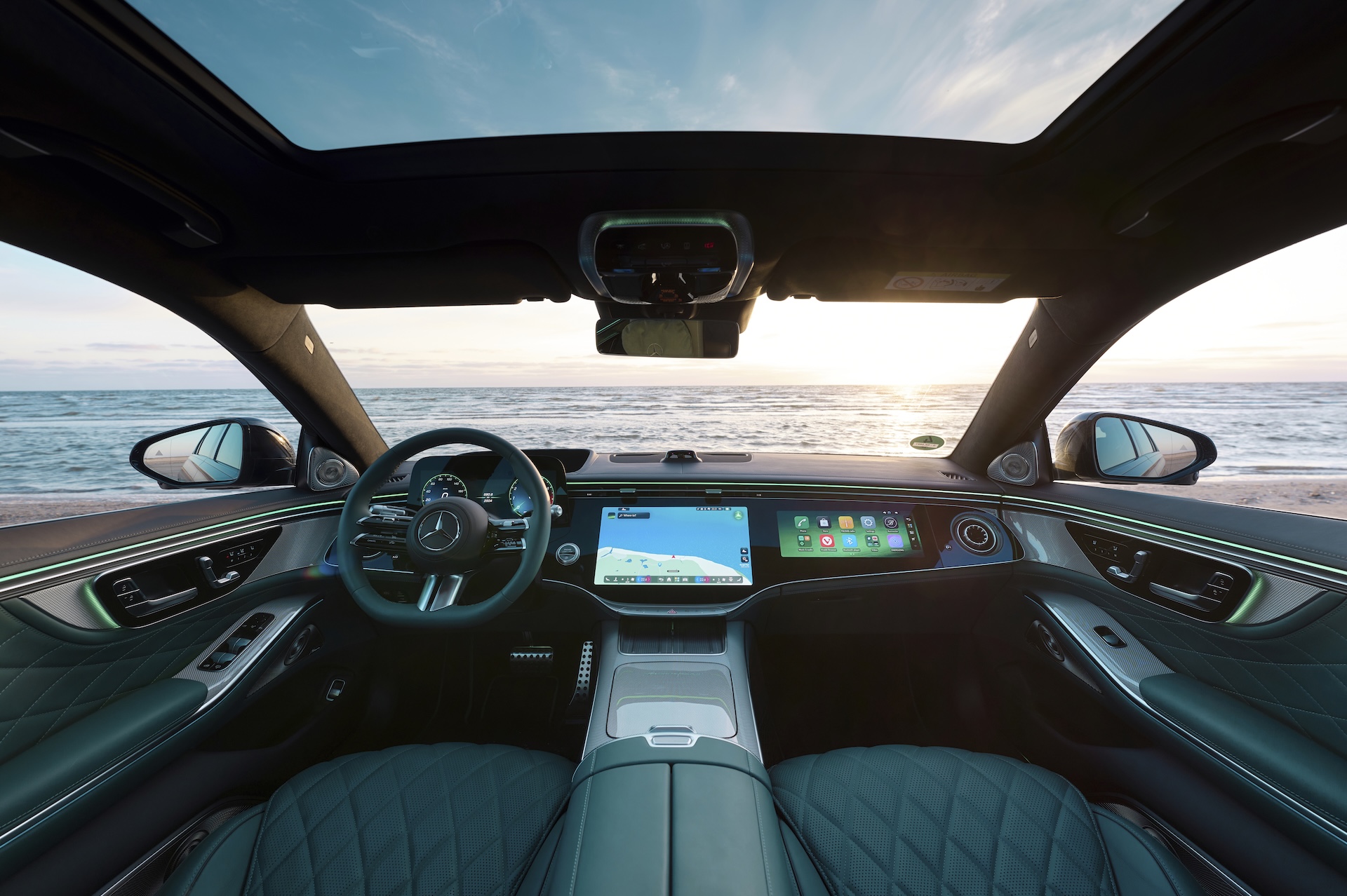 Test Drive Mercedes-Benz S-Class, Baltic Sea, Germany, 2026. Exterior: AMG Line, obsidian black metallic Interior: MANUFAKTUR Exclusive Nappa Leather, lake green Mercedes-Benz S 500 4MATIC long version | Combined energy consumption: 9.1 - 8.3l/100 km | Combined CO₂ emissions: 206 - 188g/km | CO₂ efficiency class: G1