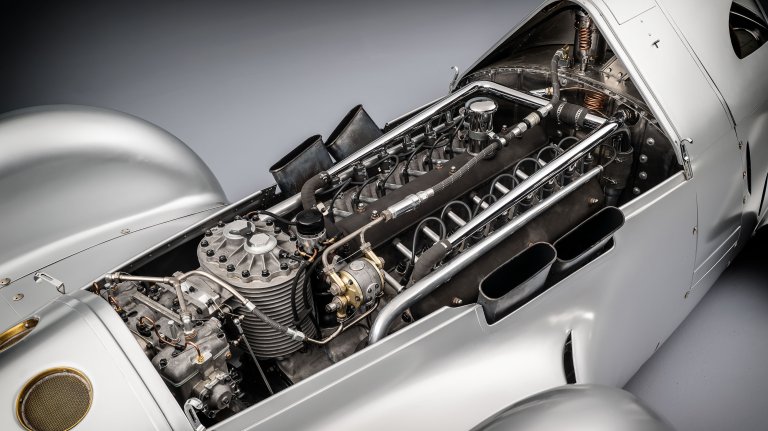 Audi recreated the Auto Union Lucca. After just over three years of construction, the record-breaking car was completed in early 2026. Detail: 16-cylinder-engine with supercharger.