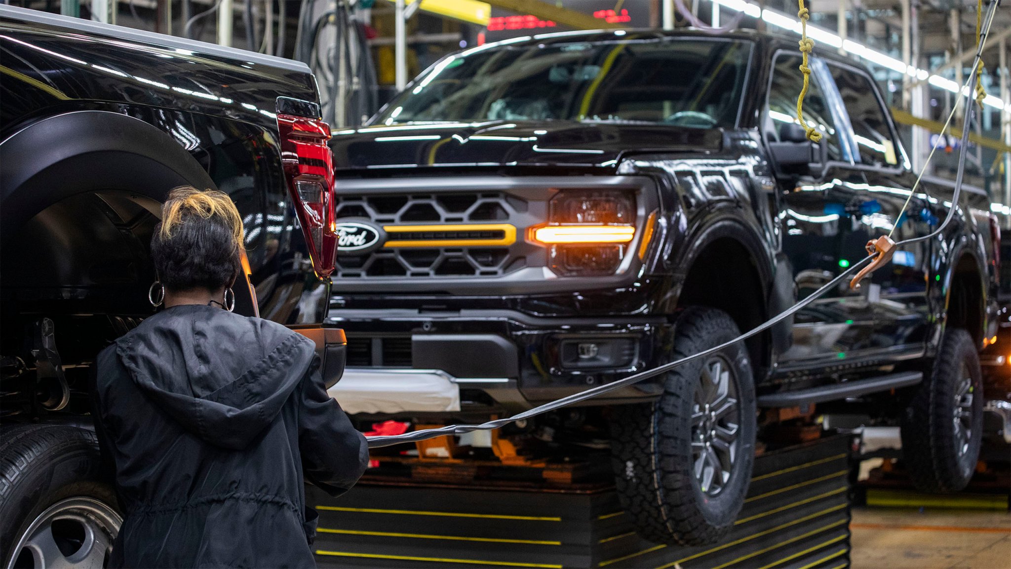 The new Ford F-150 truck goes through the assembly line at the Ford Dearborn Plant on April 11, 2024 in Dearborn, Michigan.