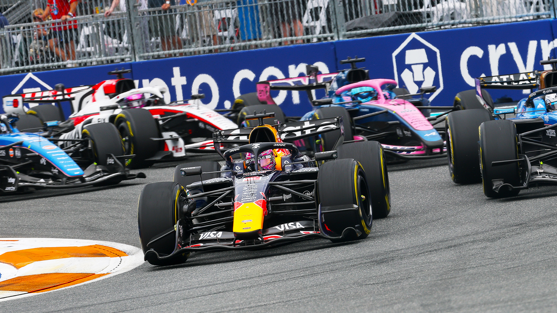 MIAMI GARDENS, FL - MAY 03: Max Verstappen (3) of the Netherlands and Oracle Red Bull Racing leads a pack of cars into turn one the Formula 1 Crypto.com Grand Prix on May 3, 2026, at Miami International Autodrome in Miami Gardens, Florida. (Photo by David Buono/Icon Sportswire via Getty Images)