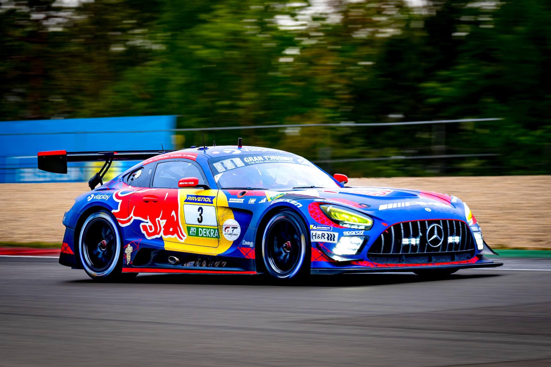 Max Verstappen, Lucas Auer, Jules Gounon, and Daniel Juncadella of Mercedes-AMG Team Verstappen Racing drive a Mercedes-AMG GT3 during the ADAC RAVENOL 24h Nurburgring in Nurburg, Germany, on May 17, 2026. (Photo by Jack Brekelmans/EYE4IMAGES/NurPhoto via Getty Images)