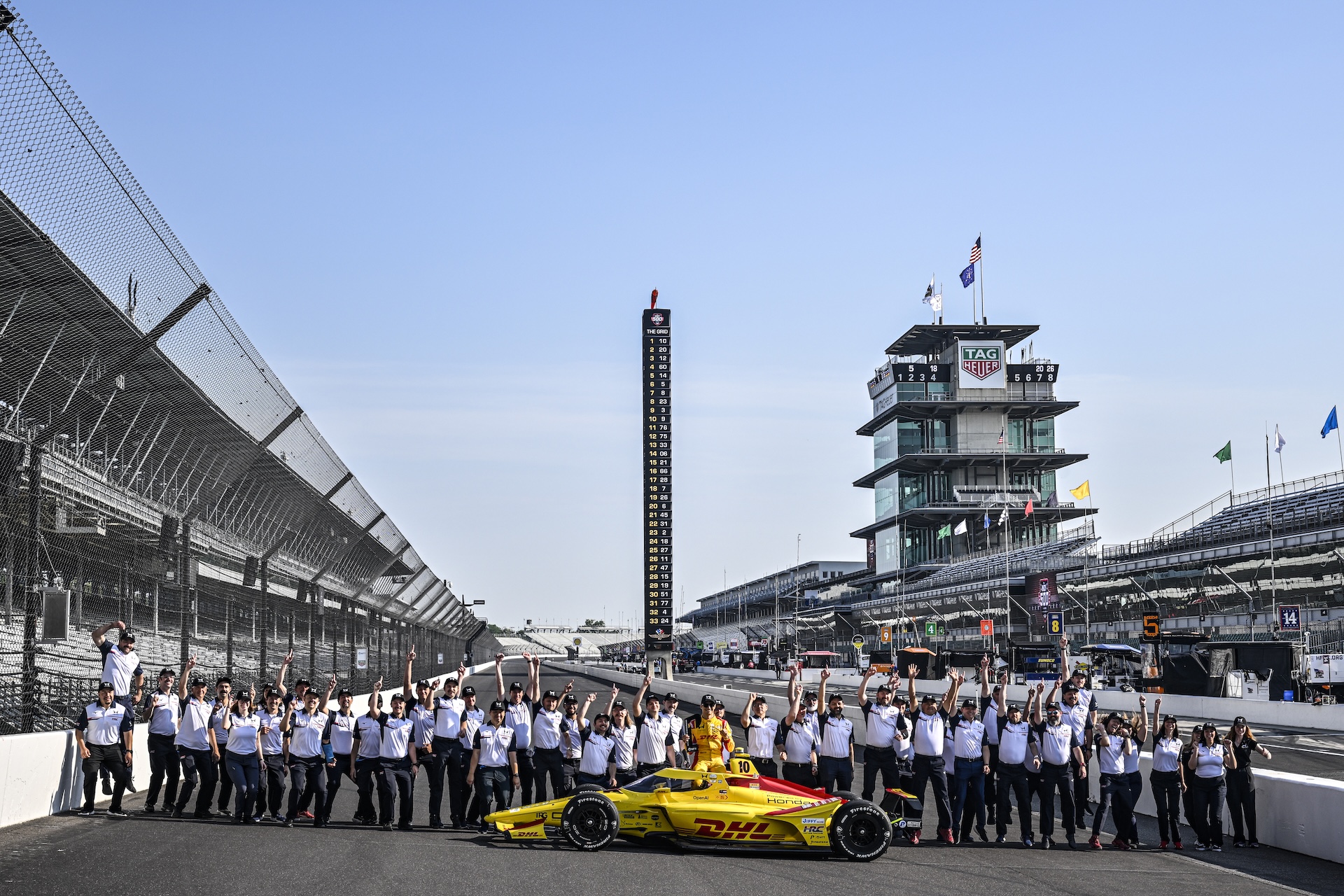 INDIANAPOLIS, INDIANA - MAY 18: #10: Alex Palou, Chip Ganassi Racing Honda, NTT P1 Award, Honda HRC Engineers pose for portraits during the Front Row photo shoot for the NTT INDYCAR Series The 110th Running of the Indianapolis 500 - Practice & Previews on May 18, 2026 in Indianapolis, Indiana. (Photo by Brandon Badraoui/Lumen via Getty Images)