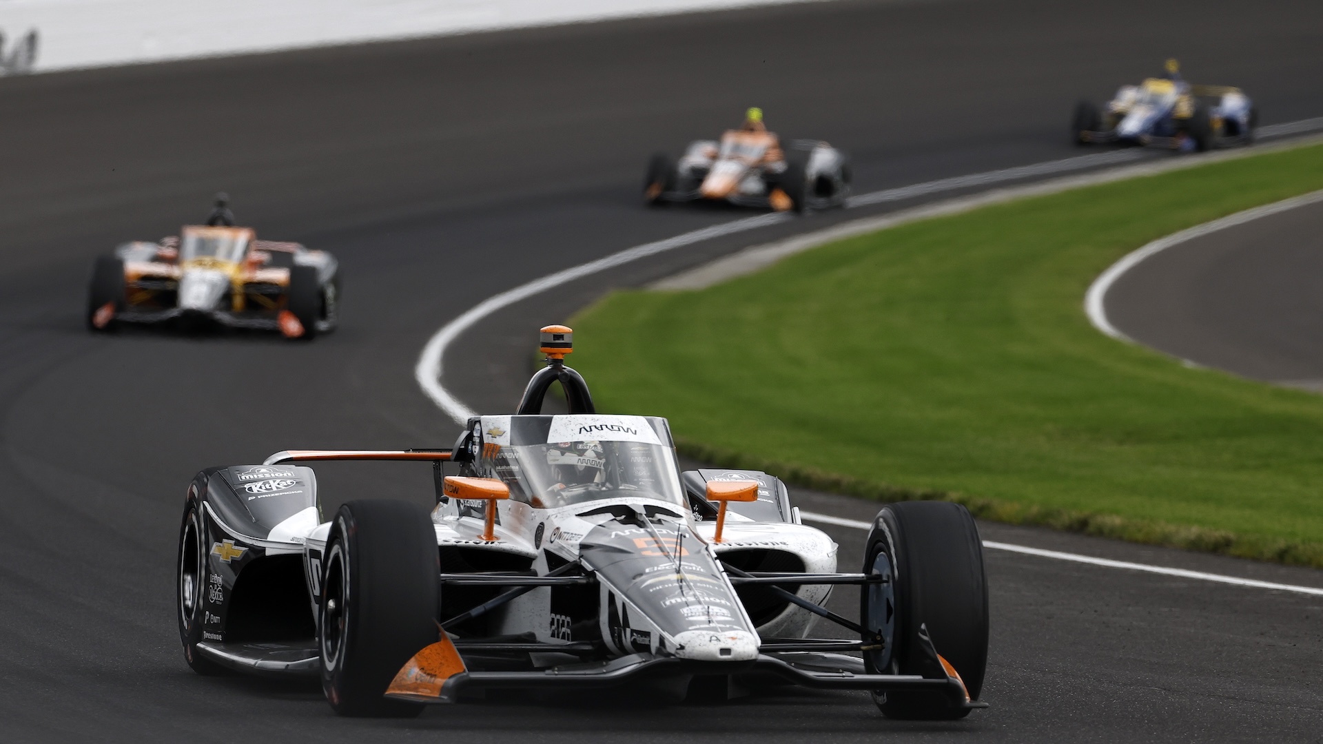 INDIANAPOLIS, INDIANA - MAY 24: Pato O'Ward, driver of the #5 Arrow McLaren Chevroletleads a pack of cars during the NTT IndyCar Series 110th Running of the Indianapolis 500 at Indianapolis Motor Speedway on May 24, 2026 in Indianapolis, Indiana. (Photo by Justin Casterline/Getty Images)