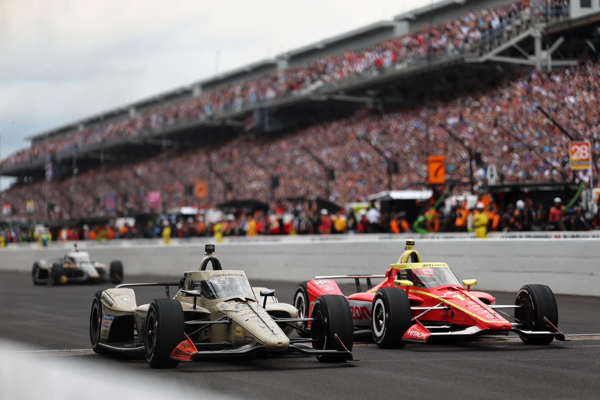 INDIANAPOLIS, INDIANA - MAY 24: Felix Rosenqvist, driver of the #60 Meyer Shank w/ Curb-Agajanian Honda crosses the finish line to win ahead of David Malukas, driver of the #12 Team Penske Chevrolet during the NTT IndyCar Series 110th Running of the Indianapolis 500 at Indianapolis Motor Speedway on May 24, 2026 in Indianapolis, Indiana. (Photo by James Gilbert/Getty Images)