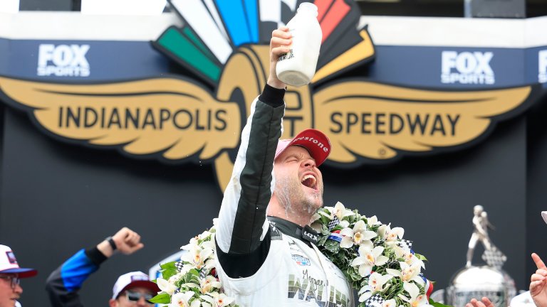 INDIANAPOLIS, INDIANA - MAY 24: Felix Rosenqvist, driver of the #60 Meyer Shank w/ Curb-Agajanian Honda celebrates in Victory Circle after winning the NTT IndyCar Series 110th Running of the Indianapolis 500 at Indianapolis Motor Speedway on May 24, 2026 in Indianapolis, Indiana. (Photo by Justin Casterline/Getty Images)