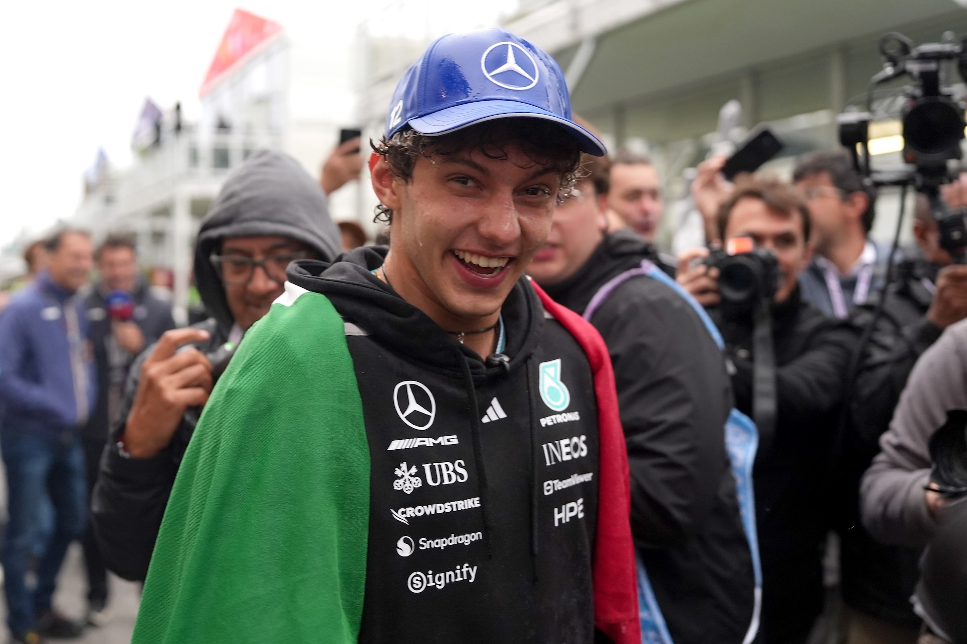 MONTREAL, QUEBEC - MAY 24: Race winner Andrea Kimi Antonelli of Italy and Mercedes AMG Petronas F1 Team celebrates with his team during the F1 Grand Prix of Canada at Circuit Gilles-Villeneuve on May 24, 2026 in Montreal, Quebec. (Photo by Sona Maleterova/Getty Images)