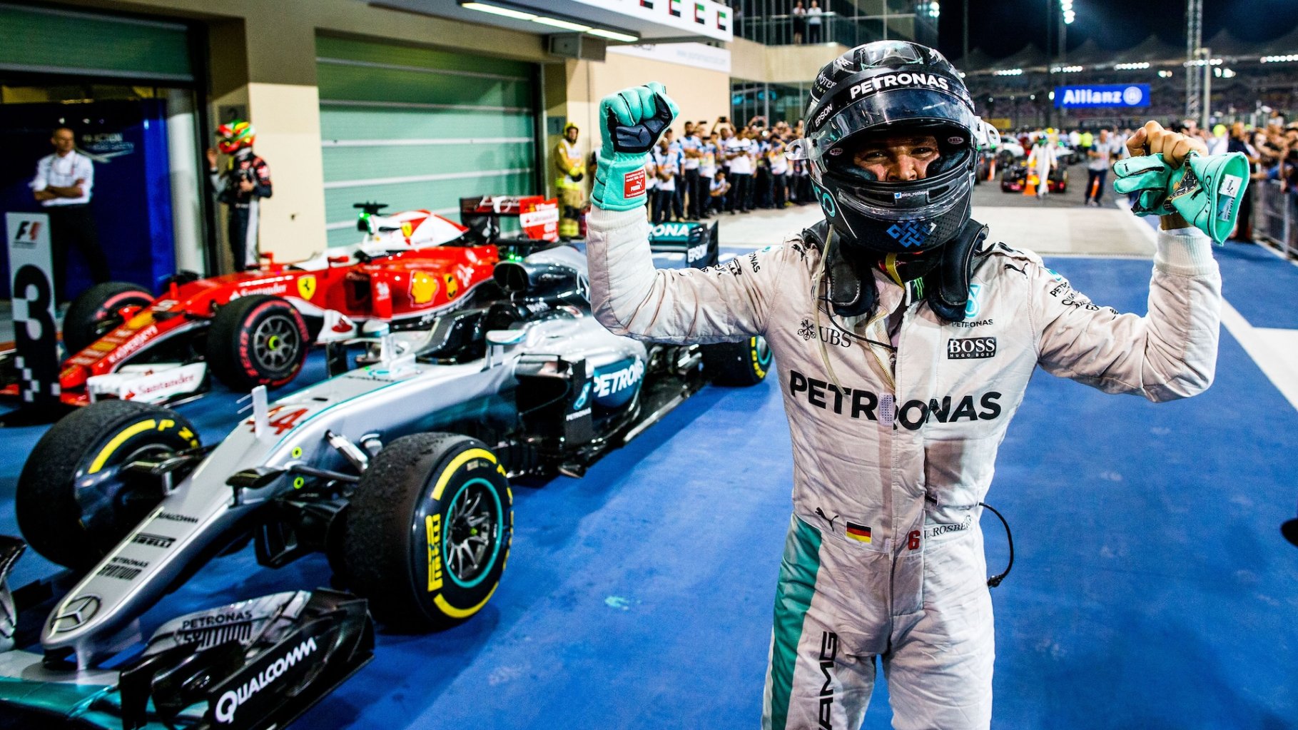 ABU DHABI, UNITED ARAB EMIRATES - NOVEMBER 27: Nico Rosberg celebrates becoming the 2016 F1 Drivers World Champion during the Abu Dhabi Formula One Grand Prix at Yas Marina Circuit on November 27, 2016 in Abu Dhabi, United Arab Emirates. (Photo by Peter J Fox/Getty Images)