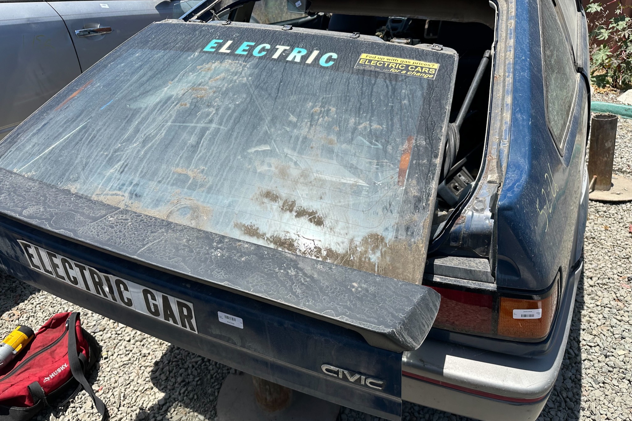 Honda CRX EV conversion in a junkyard