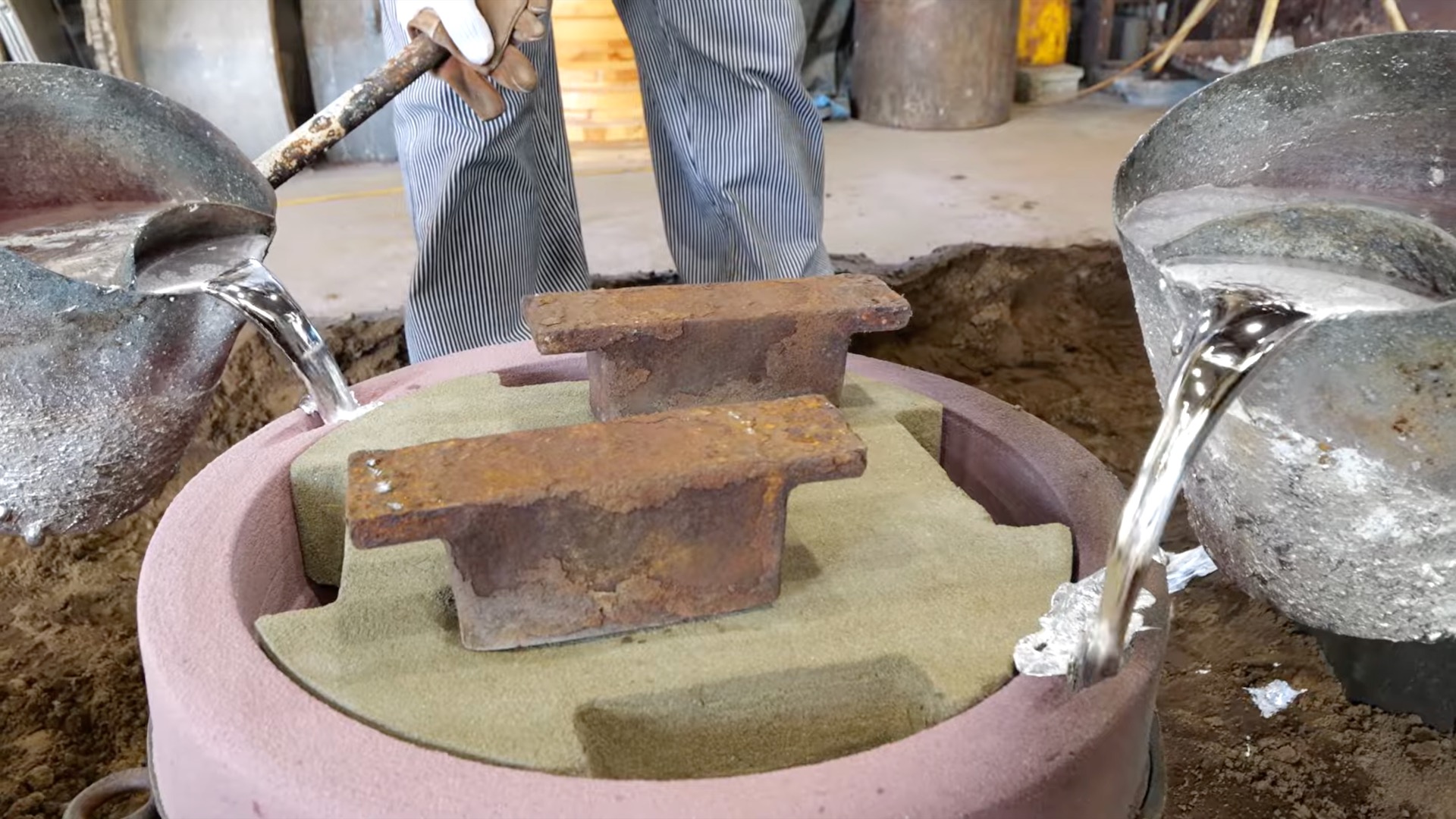 Molten magnesium being poured into a mold to make an RS Watanbe wheel.