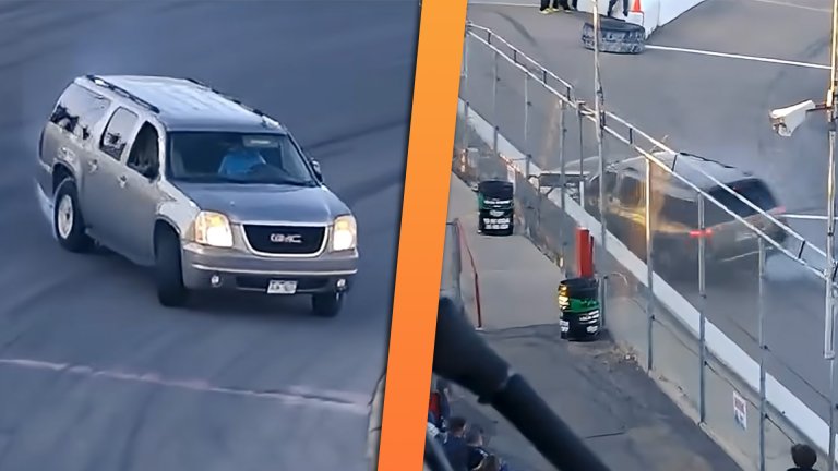 GMC Yukon hits the wall at a spectator drag event