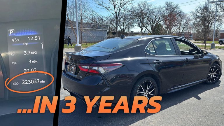 Composite images of a 2023 Toyota Camry for sale and its 223,037-mile odometer reading, with the text "...in 3 years" superimposed.