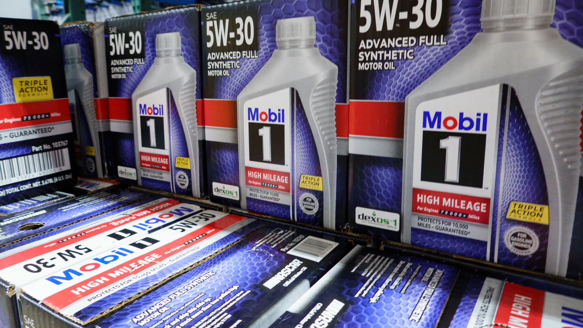 SAN DIEGO, CALIFORNIA - MARCH 11: Cases of Mobil 1 Advanced Full Synthetic motor oil are placed at a Costco Wholesale store on March 11, 2025 in San Diego, California.