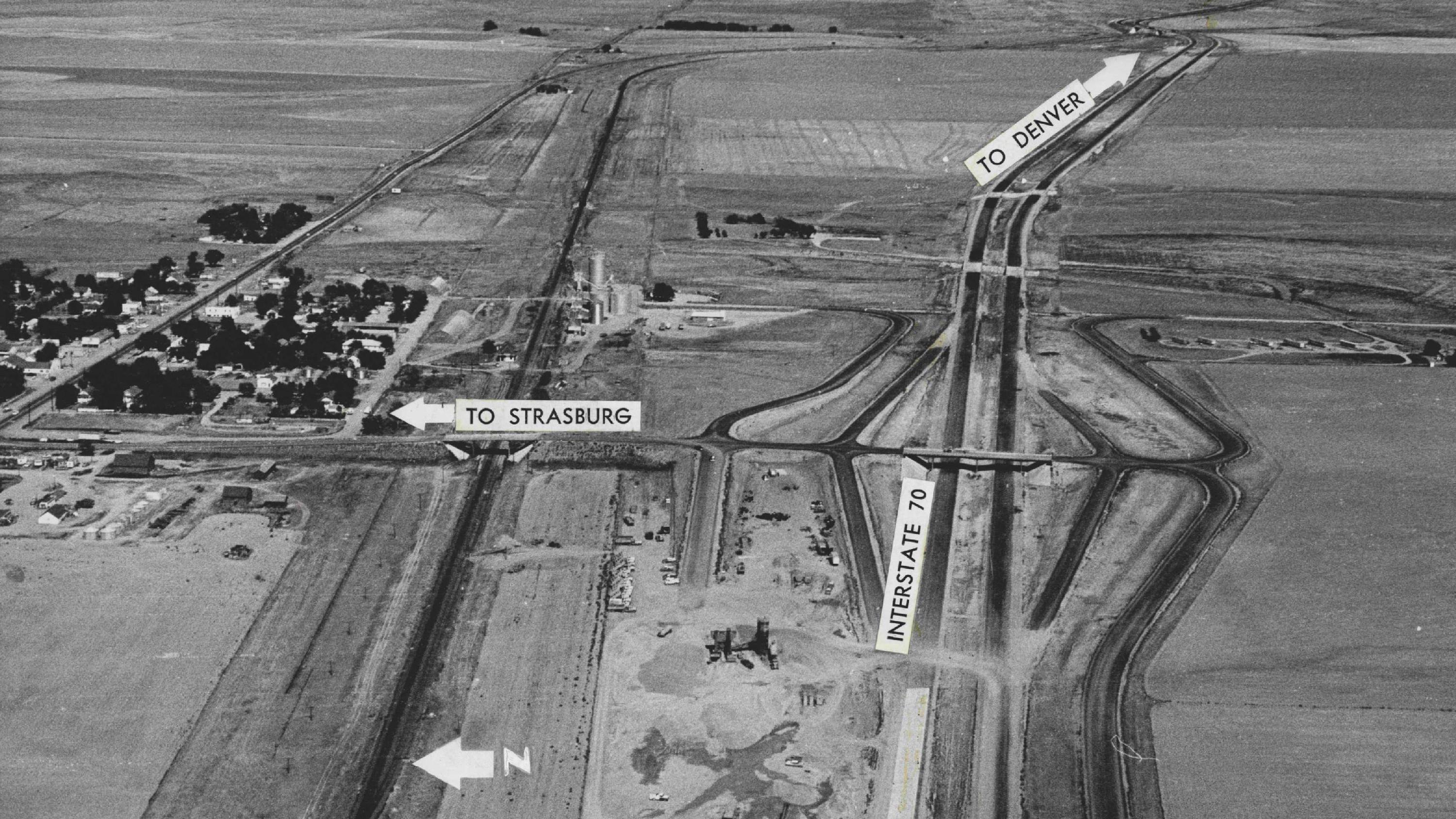 AUG 6 1963 This interchange to Strasburg, Colo., is part of the interstate 70 system now under construction east of Denver. Two overpasses on the Strasburg project span Interstate 70 and the Union Pacific Railroad to provide safe and convenient access to town. Credit: Denver Post (Denver Post via Getty Images)