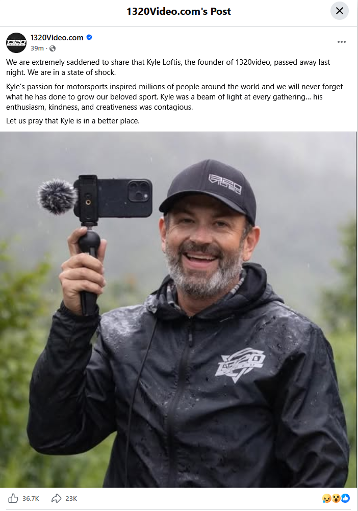 Kyle Loftis Facebook post from 1320video.com