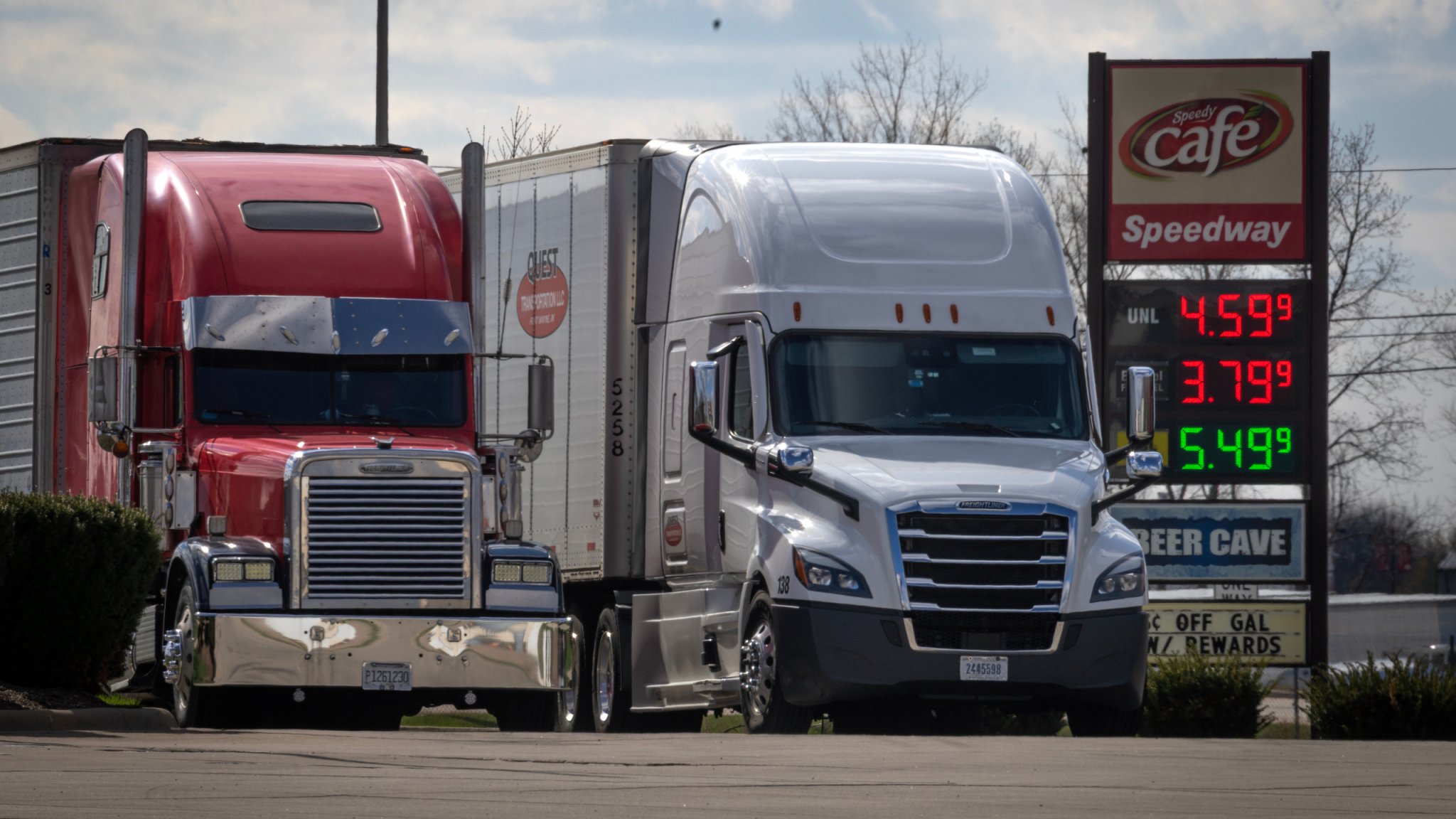 HAMPSHIRE, ILLINOIS - APRIL 06: Fuel prices are displayed at a truck stop on April 06, 2026 in Hampshire, Illinois. The war with Iran has increased the cost of bringing goods to consumers with the national average for diesel climbing to $5.60 per gallon. (Photo by Scott Olson/Getty Images)