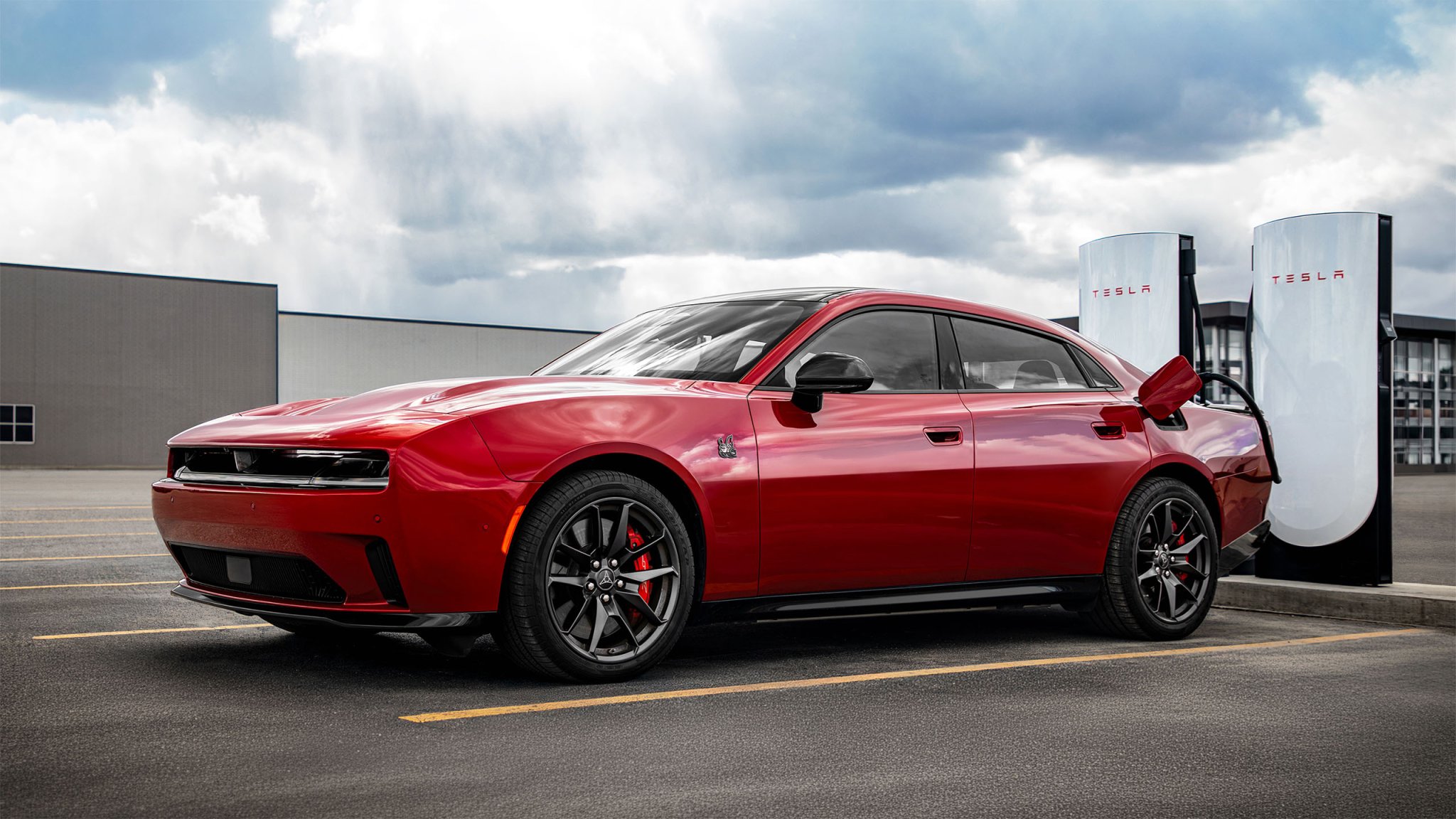 Dodge Charger EV charging at Tesla Supercharger
