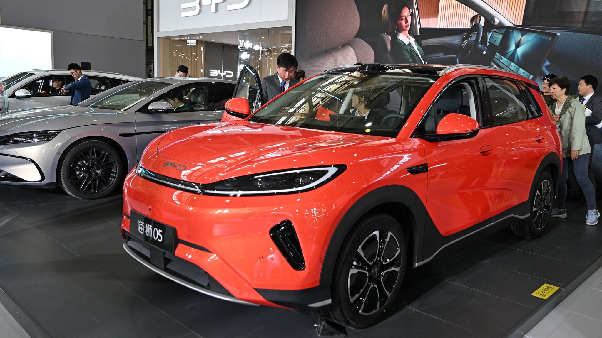 Tourists visit the BYD exhibition area at the Auto Expo in Nanjing, Jiangsu Province, China on April 30, 2026