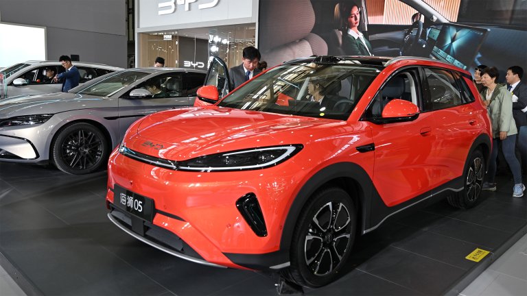 Tourists visit the BYD exhibition area at the Auto Expo in Nanjing, Jiangsu Province, China on April 30, 2026