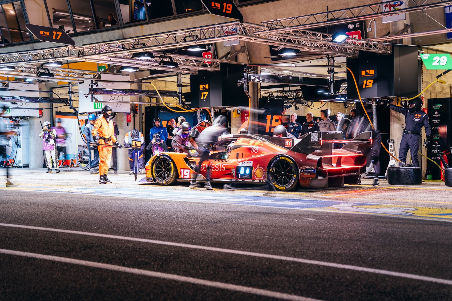 Image of the Genesis GMR 001 hypercar, the No. 19 car of the Genesis Magma Racing Team, driven by Mathieu Jaminet and Paul Lu Chatin and Daniel Juncadella during the 94th 24 Hours of Le Mans race in France on June 14, 2026. (Photo by Ivan Couturier/Hans Lucas via AFP)