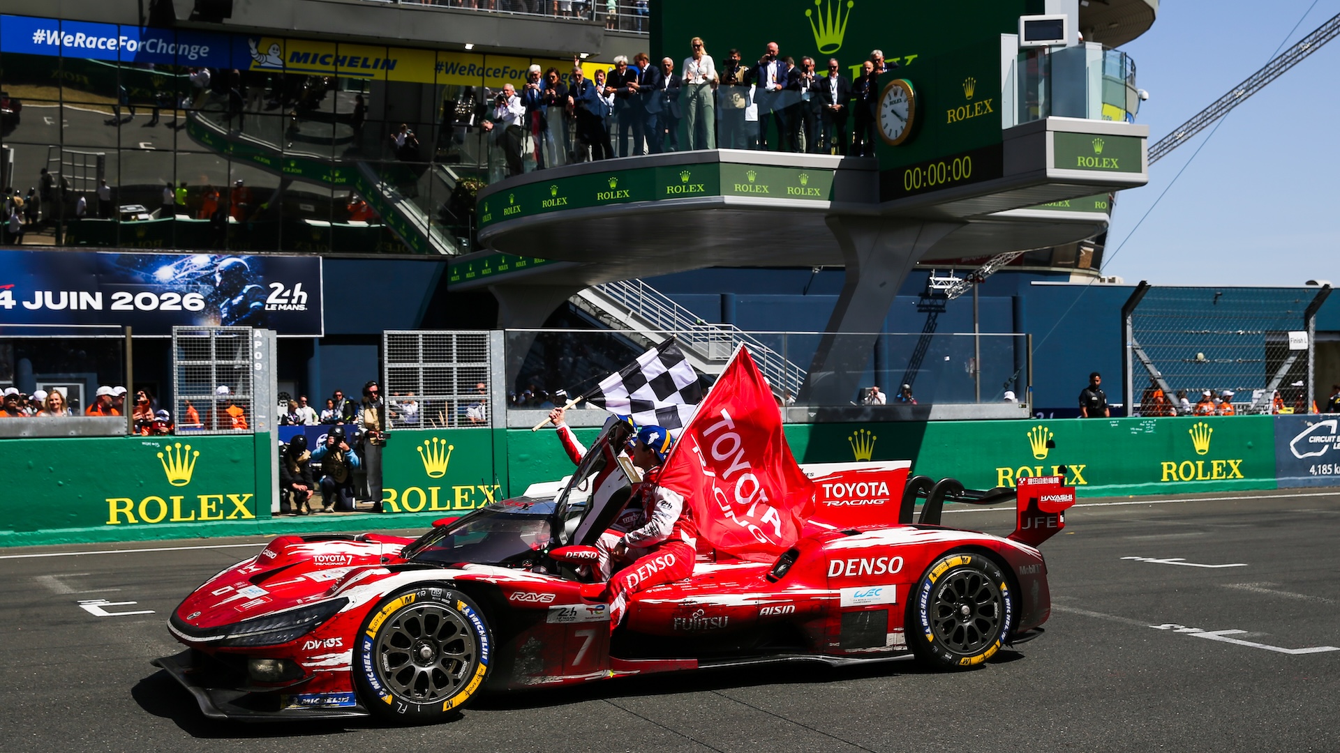 #7 Toyota Racing, Toyota TR010 Hybrid: Mike Conway (GBR), Kamui Kobayashi (JPN), Nyck De Vries (NED) celebrate during the 24 Hours of Le Mans at the Circuit de la Sarthe in Le Mans, France, on June 10, 2026. (Photo by Alessio Morgese/NurPhoto via Getty Images)
