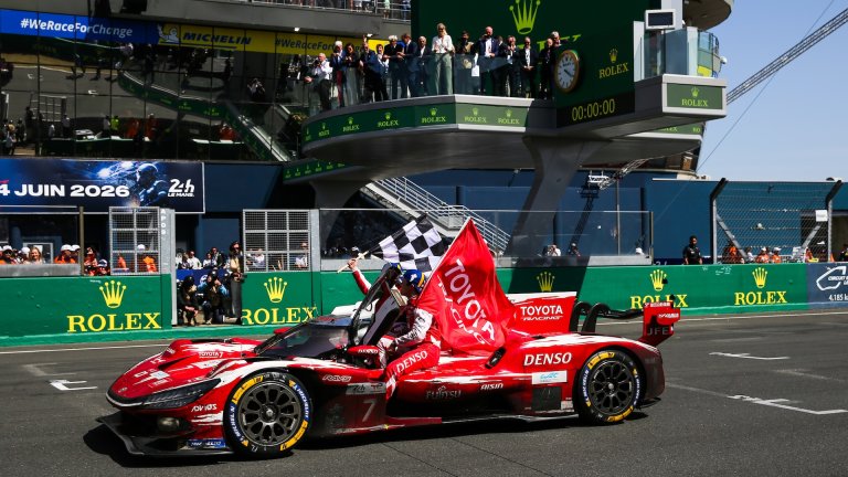 #7 Toyota Racing, Toyota TR010 Hybrid: Mike Conway (GBR), Kamui Kobayashi (JPN), Nyck De Vries (NED) celebrate during the 24 Hours of Le Mans at the Circuit de la Sarthe in Le Mans, France, on June 10, 2026. (Photo by Alessio Morgese/NurPhoto via Getty Images)