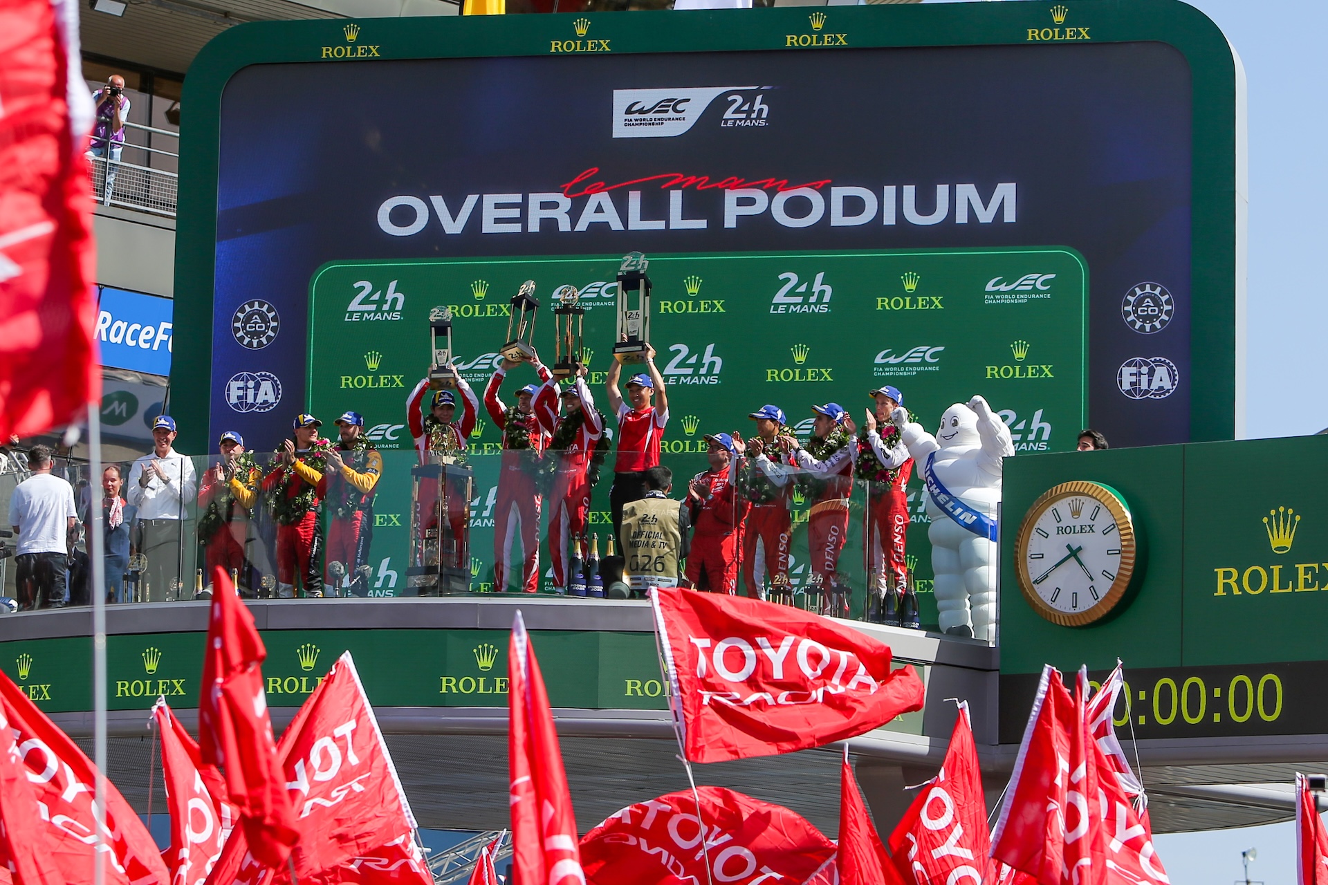 #7 Toyota Racing, Toyota TR010 Hybrid: Mike Conway (GBR), Kamui Kobayashi (JPN), Nyck De Vries (NED) on the podium during the 24 Hours of Le Mans at the Circuit de la Sarthe in Le Mans, France, on June 10, 2026. (Photo by Alessio Morgese/NurPhoto via Getty Images)
