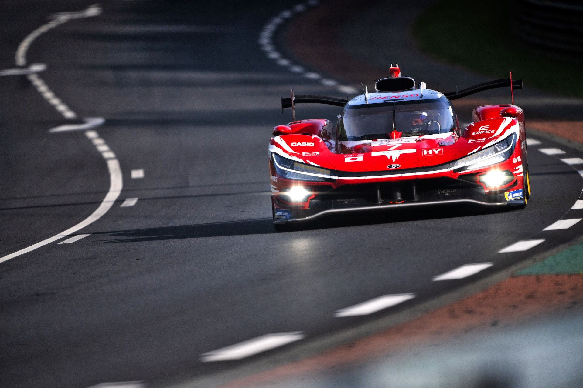 LE MANS, FRANCE - JUNE 14: The #07 Toyota Racing, Toyota TR010 Hybrid of Mike Conway, Kamui Kobayashi, and Nyck de Vries in action during the Le Mans 24 Hours at the Circuit de la Sarthe on June 14, 2026 in Le Mans, France. (Photo by James Moy Photography/Getty Images)