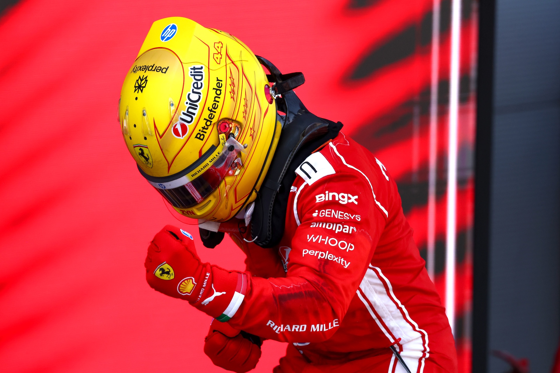 BARCELONA, SPAIN - JUNE 14: Race winner Lewis Hamilton of Great Britain and Scuderia Ferrari celebrates on arrival in parc ferme during the F1 Grand Prix of Barcelona-Catalunya at Circuit de Barcelona-Catalunya on June 14, 2026 in Barcelona, Spain. (Photo by Clive Rose/Getty Images)