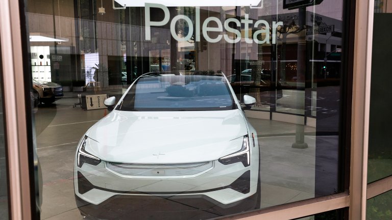BEVERLY HILLS, CALIFORNIA - JUNE 26: A Polestar car is displayed in the showroom at a Polestar dealership on June 26, 2026 in Beverly Hills, California. Electric car maker Polestar will be barred from selling new vehicles in the United States starting with the 2027 model year after the Commerce Department cited national security concerns under new connected-vehicle regulations. (Photo by Justin Sullivan/Getty Images)
