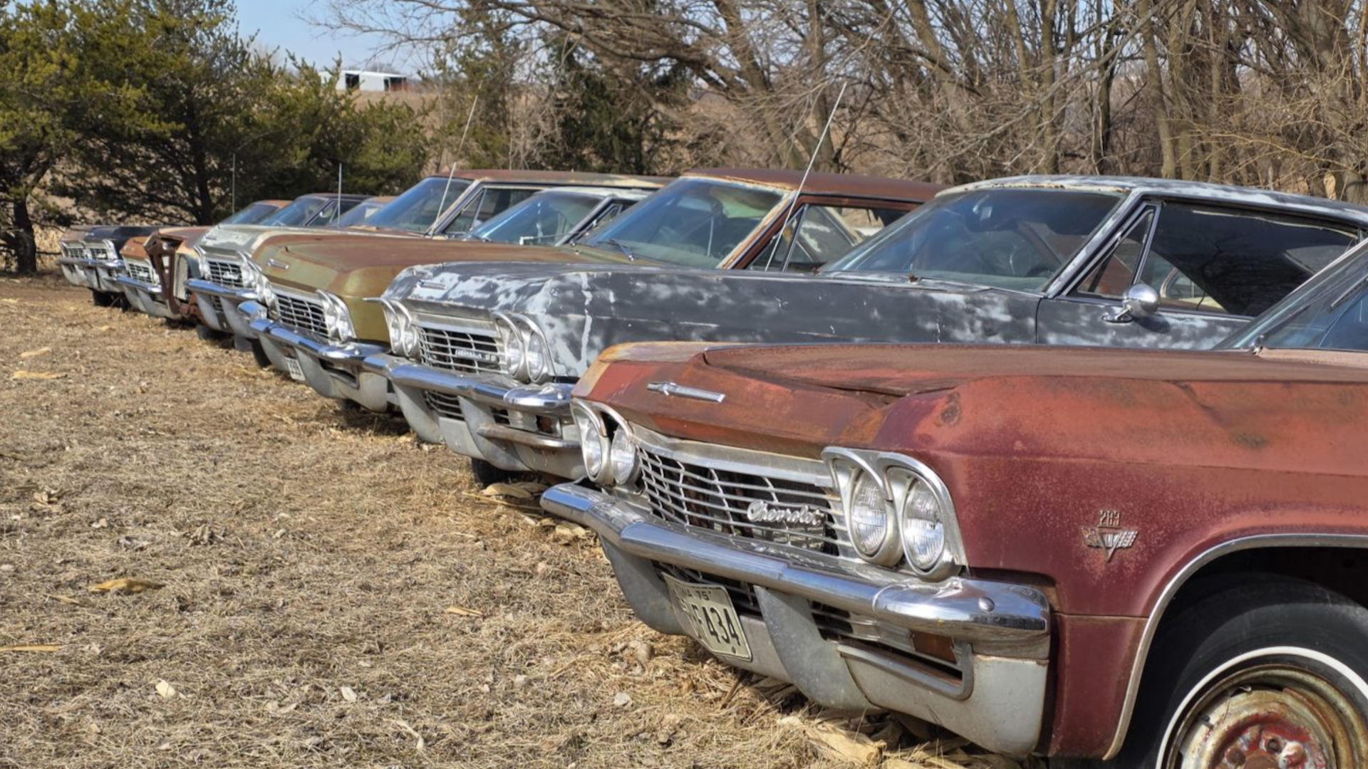 Line of Chevrolet Impalas in Nebraska field