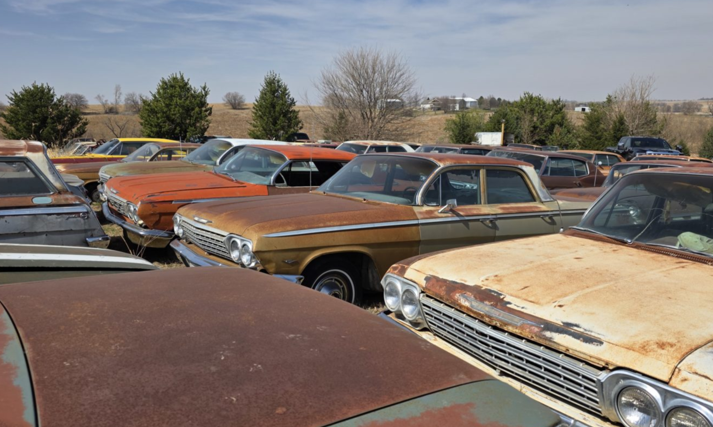 Line of classic GM vehicles in Nebraska field
