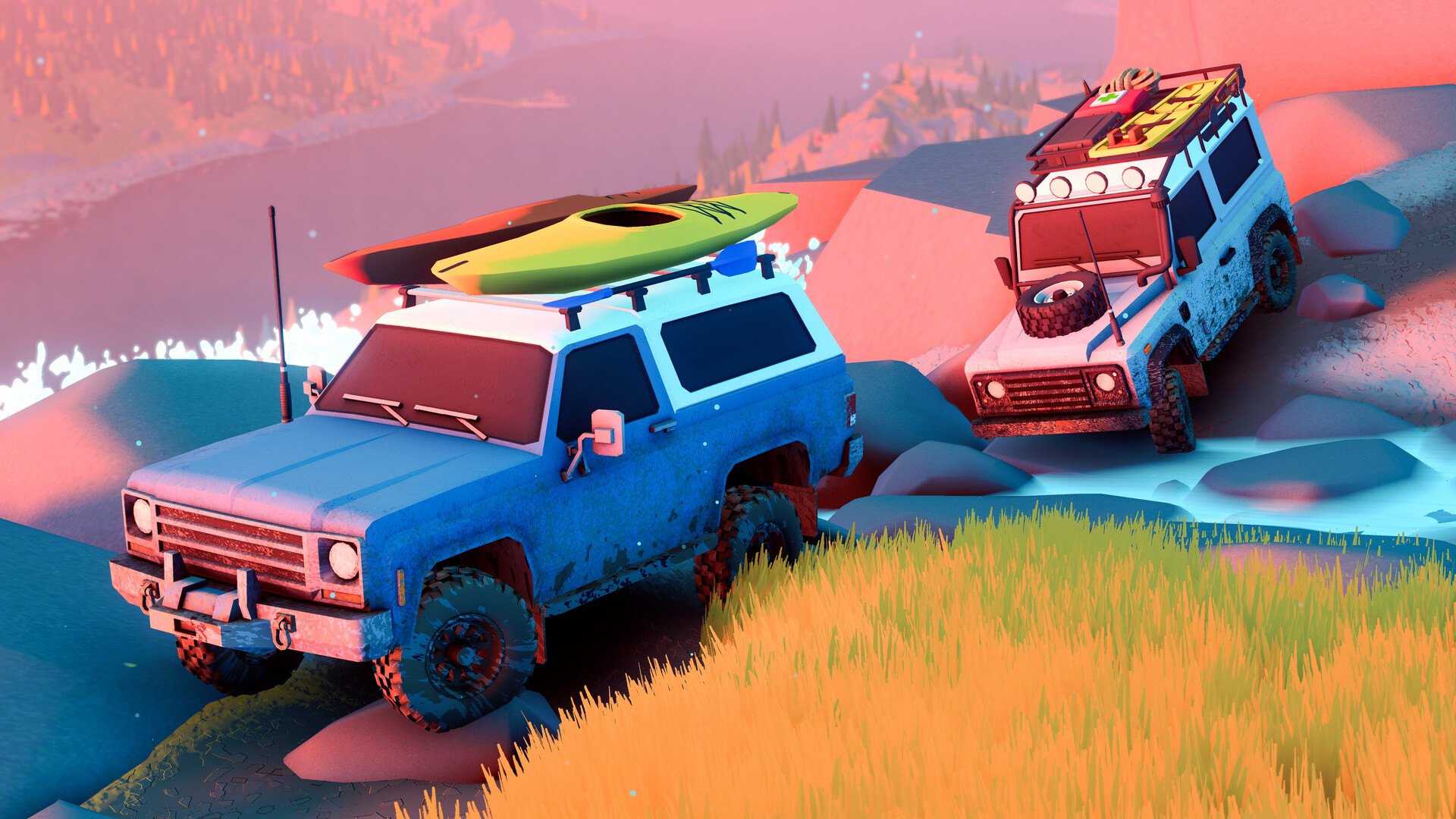 Screenshot from Over the Hill of two trucks driving
