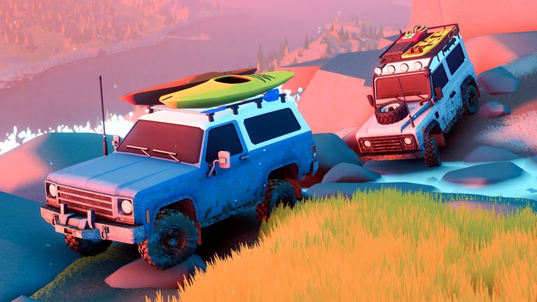 Screenshot from Over the Hill of two trucks driving