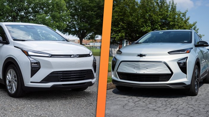 2027 Chevrolet Bolt, at left, next to a 2023 Bolt.