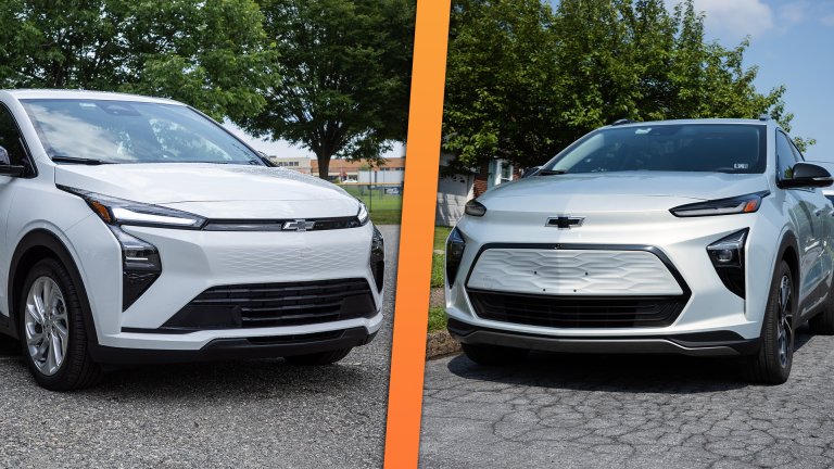 2027 Chevrolet Bolt, at left, next to a 2023 Bolt.