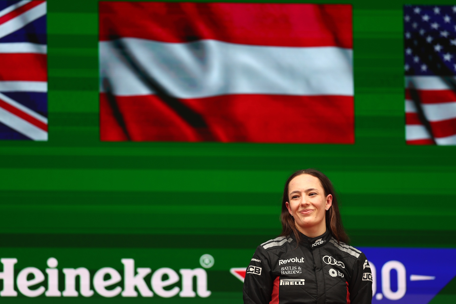 SHANGHAI, CHINA - MARCH 15: Race winner Emma Felbermayr of Austria and Rodin Motorsport (5) on the podium during F1 Academy Round 1, race 2 at Shanghai International Circuit on March 15, 2026 in Shanghai, China. (Photo by Andy Hone/LAT Images)