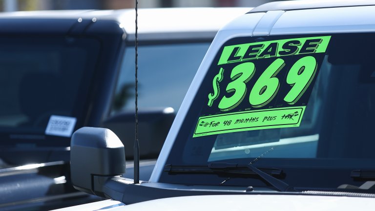 Ford Bronco listed for lease with window sticker at dealership