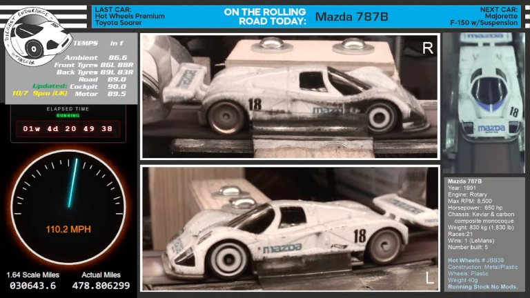 Mazda 787B Hot Wheels on a makeshift rolling road