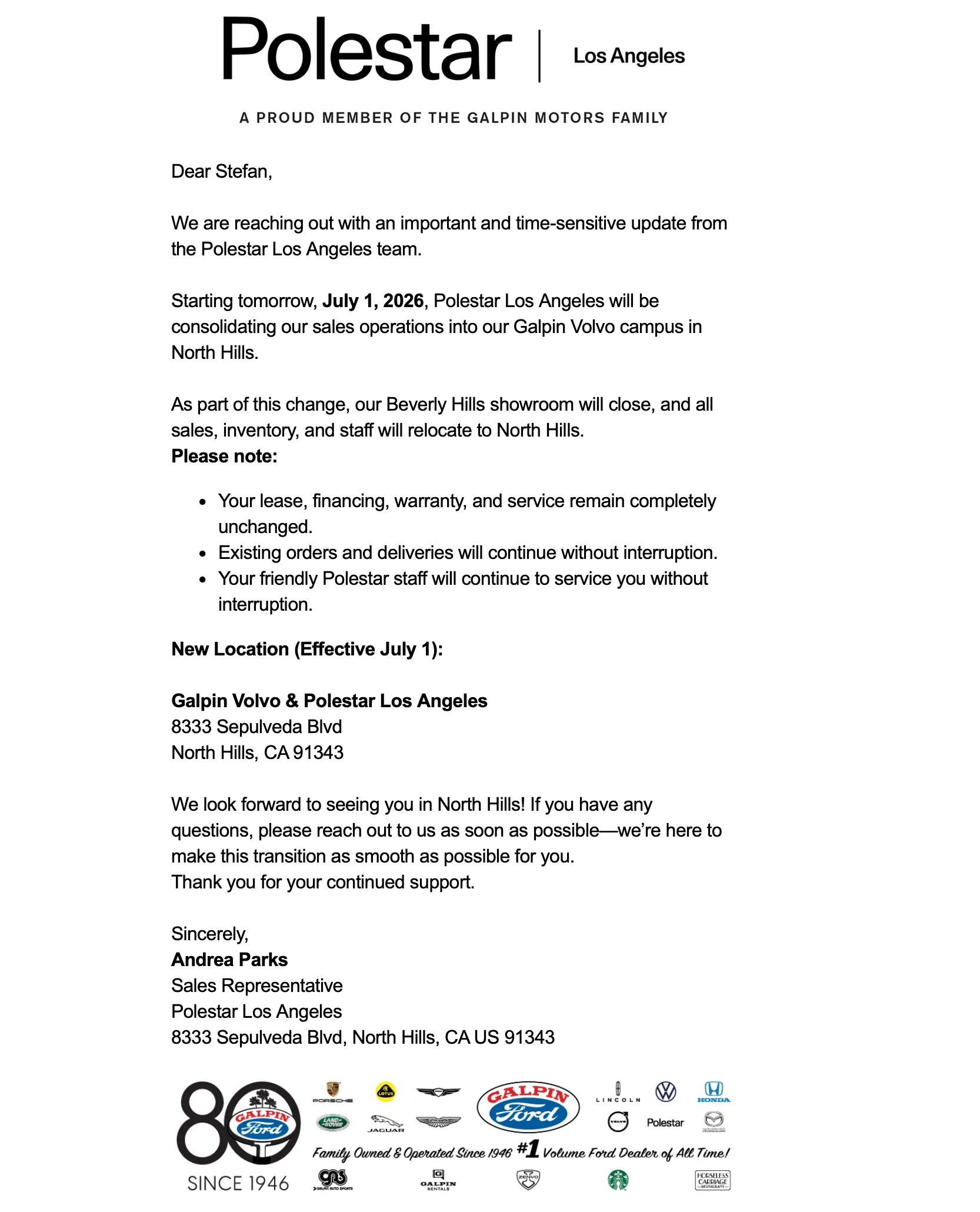 Email to Polestar Los Angeles customer on June 30, 2026