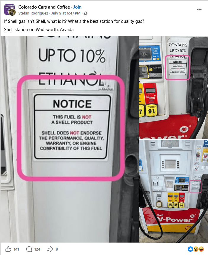 Screenshot of a post from Facebook showing a sign on a Shell fuel pump.