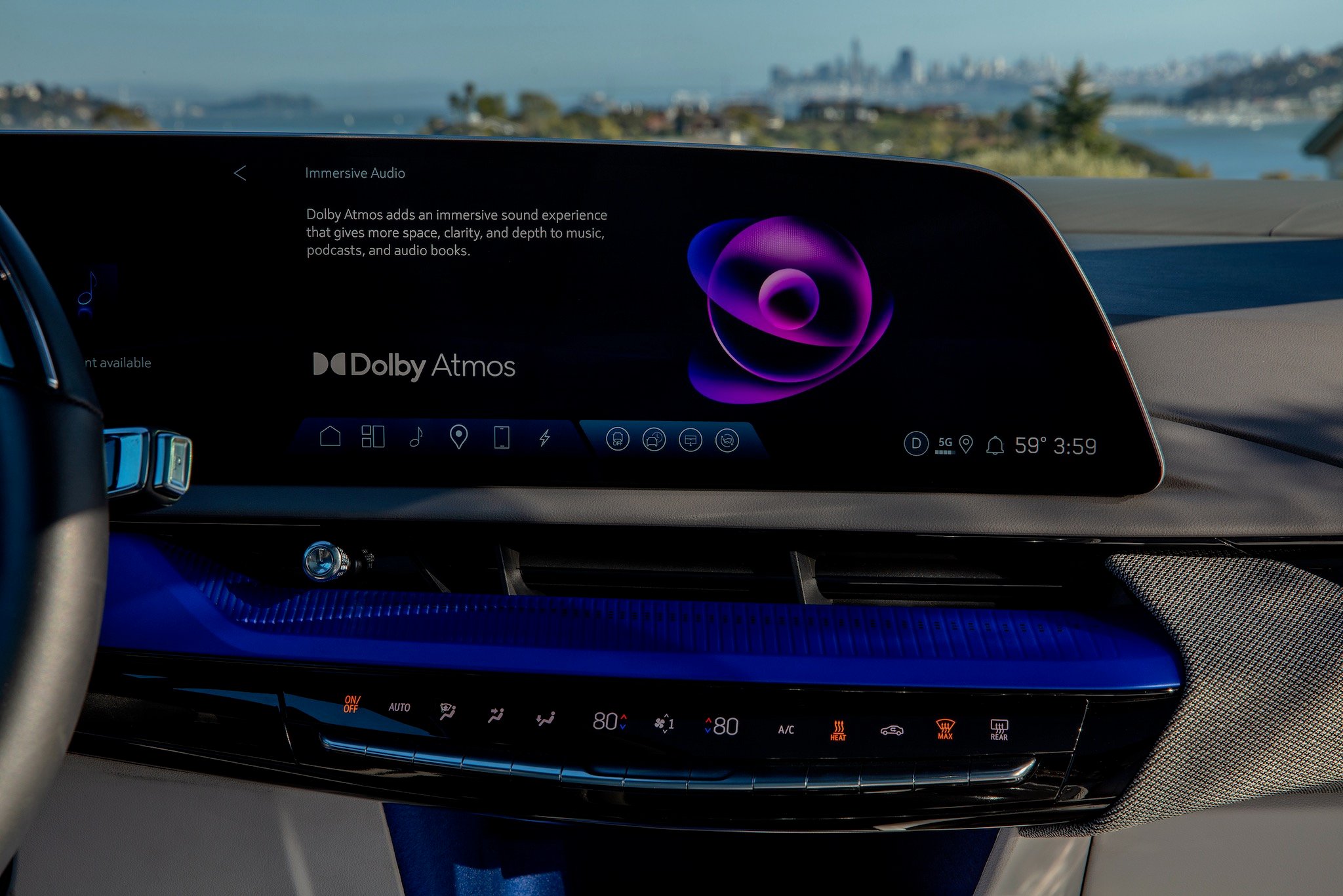A view of the Dolby Atmos interface on the 2025 Cadillac OPTIQ's 33-inch-diagonal interface and display.