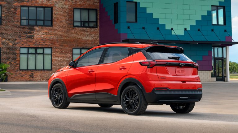 Chevy Bolt, red, rear three-quarters view