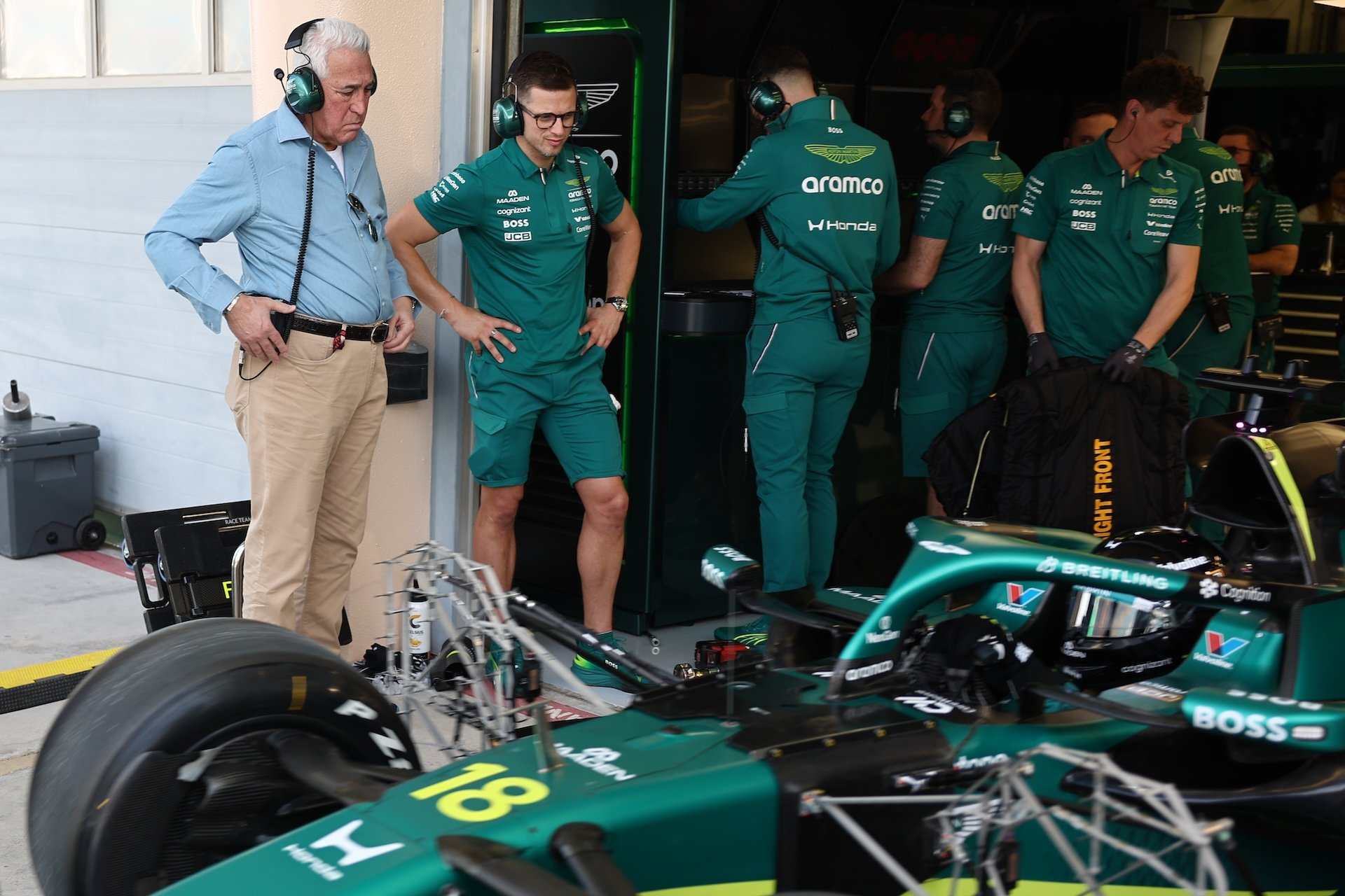 Lawrence Stroll and Lance Stroll of Aston Martin Aramco during the Formula 1 pre-season testing at Sakhir Circuit in Sakhir, Bahrain on February 11, 2026. (Photo by Jakub Porzycki/NurPhoto)