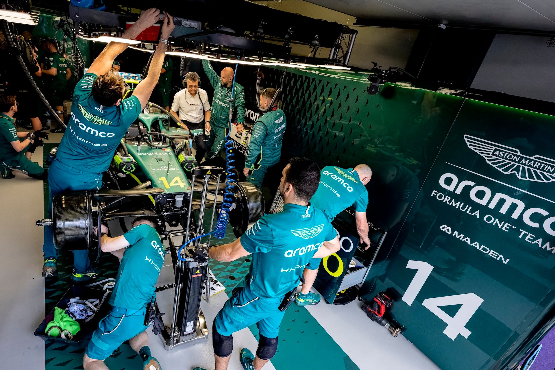 Mechanics work on the car of Formula 1 driver Fernando Alonso of the Aston Martin Aramco Formula 1 Team during the Formula 1 Melbourne free practice and qualifying session at Albert Park in Melbourne, Australia, on March 7, 2025. (Photo by Marcel van Dorst / EYE4IMAGES/NurPhoto via Getty Images)