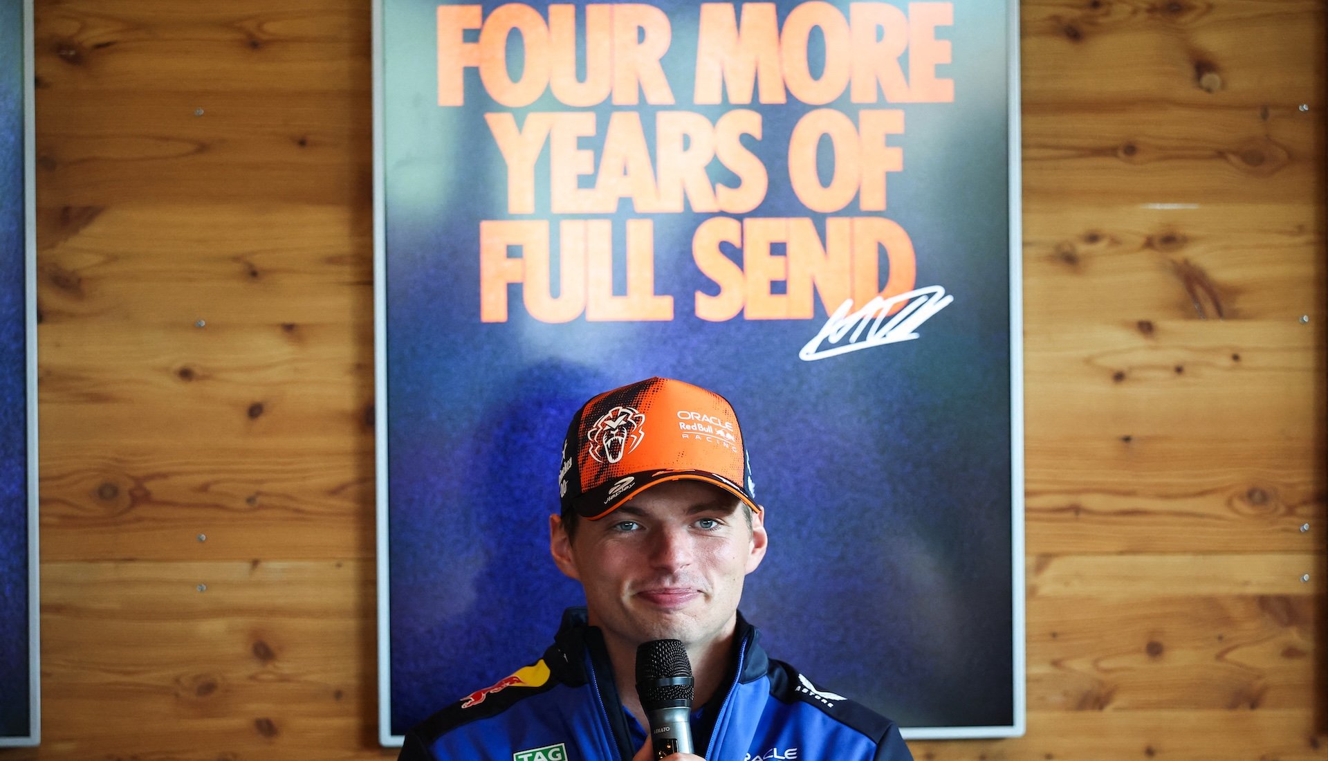 Red Bull Racing's Dutch driver Max Verstappen speaks during a press conference ahead of the Formula One Dutch Grand Prix at The Circuit Zandvoort, western Netherlands, on August 20, 2026. Four-time Formula One world champion Max Verstappen has signed a new contract with Red Bull until the end of 2030, the team announced on August 20, 2026, ending speculation over his future in the sport. (Photo by SIMON WOHLFAHRT / AFP)