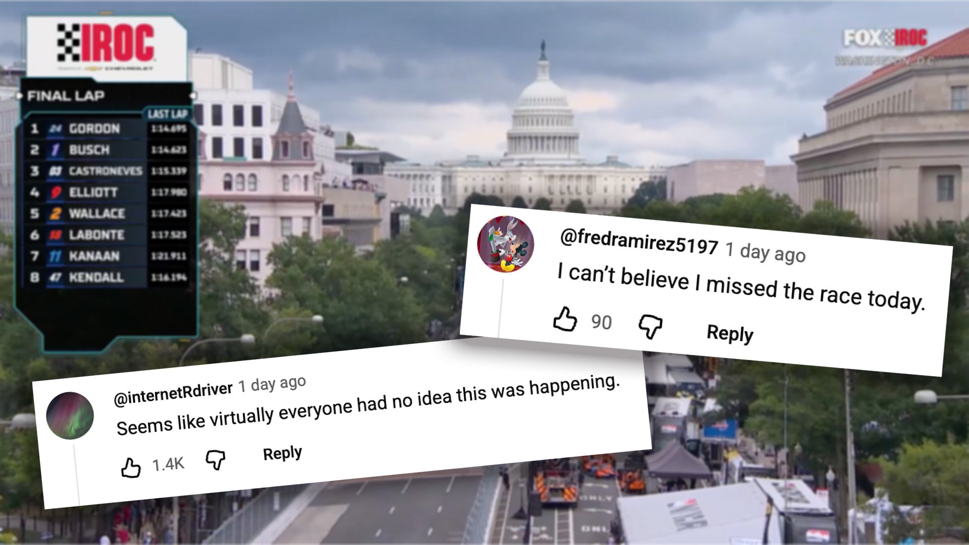 YouTube screenshot showing race broadcast with comments overlaid