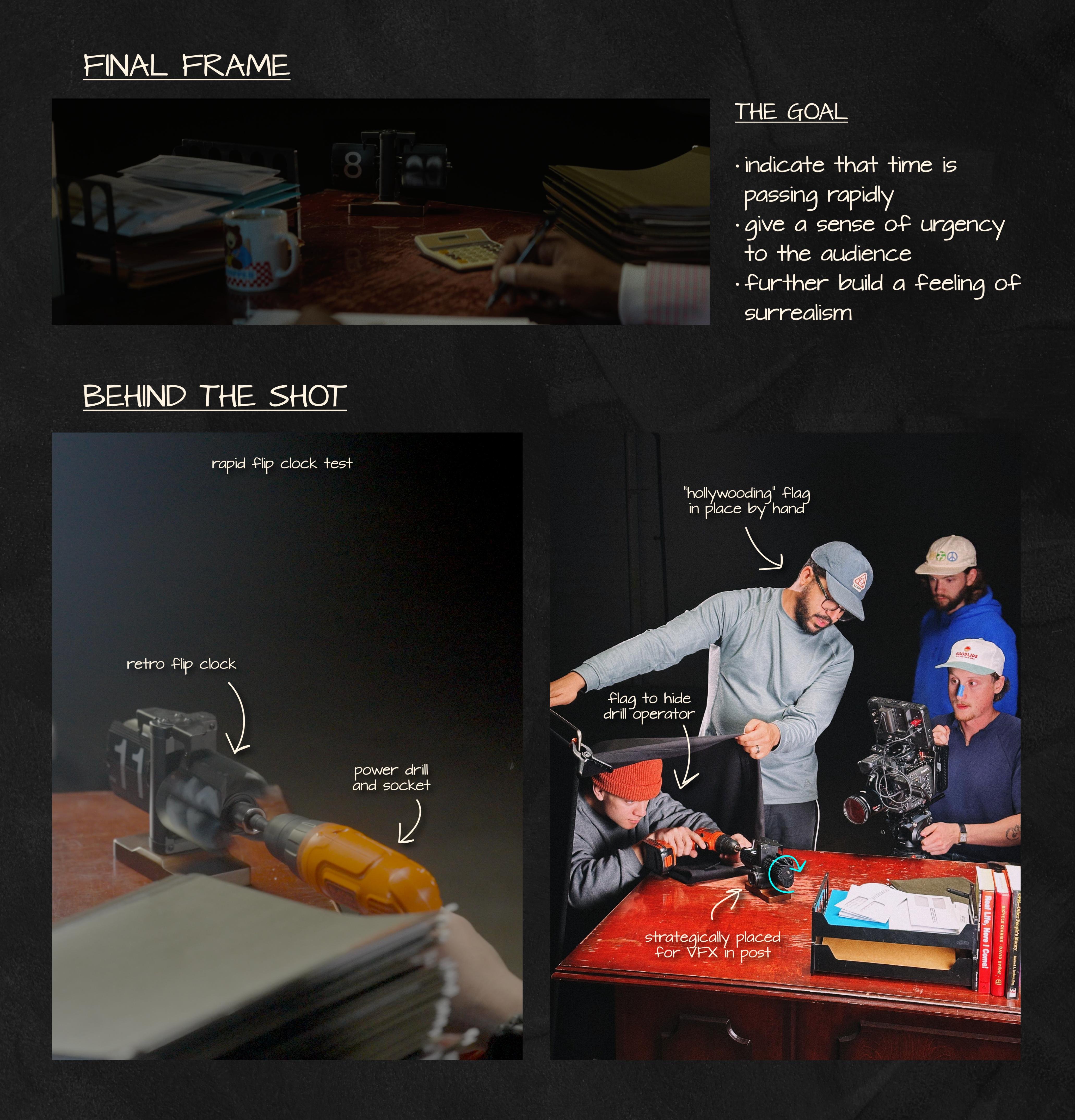 Annotated still shot from "Jaunt," explaining film techniques and angle selection